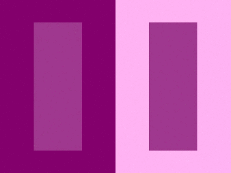 An animated image showing a rectangle separating and moving over two different colors of background.